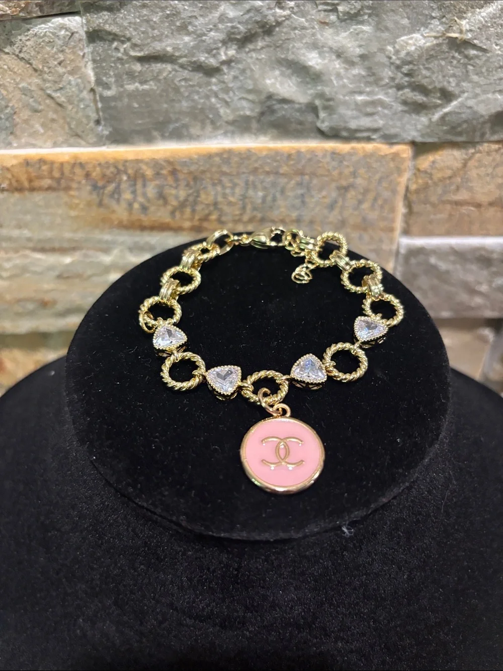 Gold Chain Charm Bracelet with Pink Enamel CC Logo Disc - Picture 1 of 4